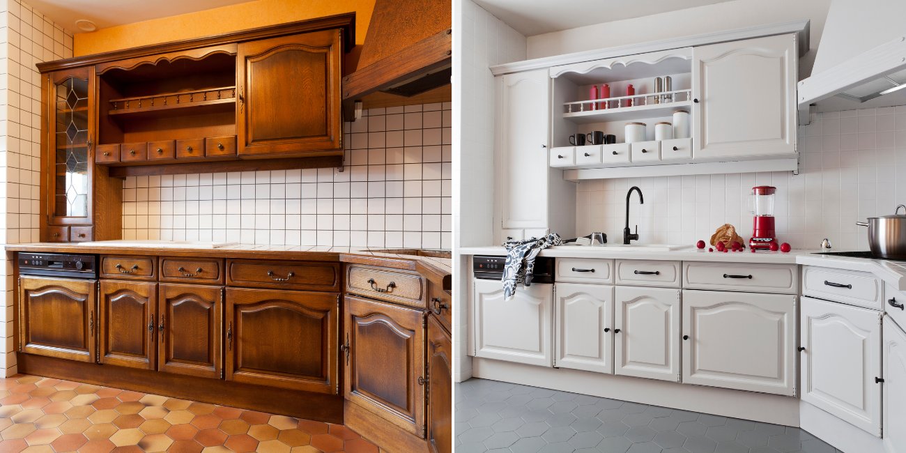 Avant et après rénovation de meuble de cuisine