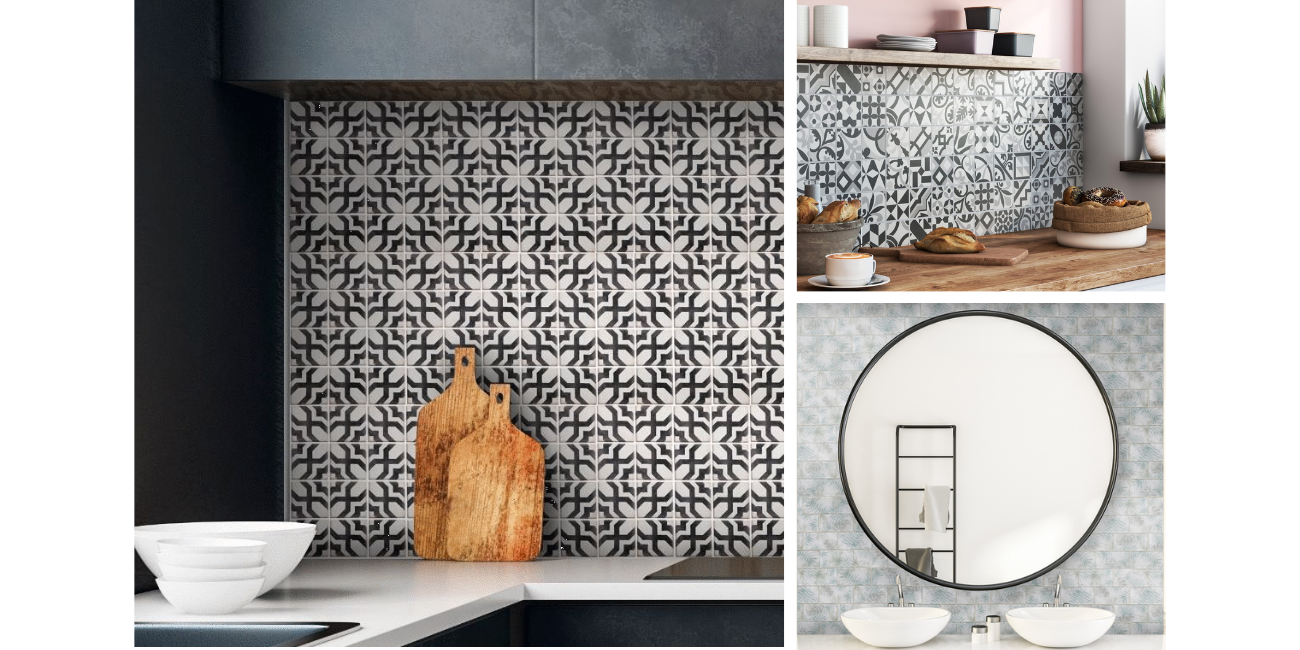 Mosaique a motifs dans cuisine et salle de bain