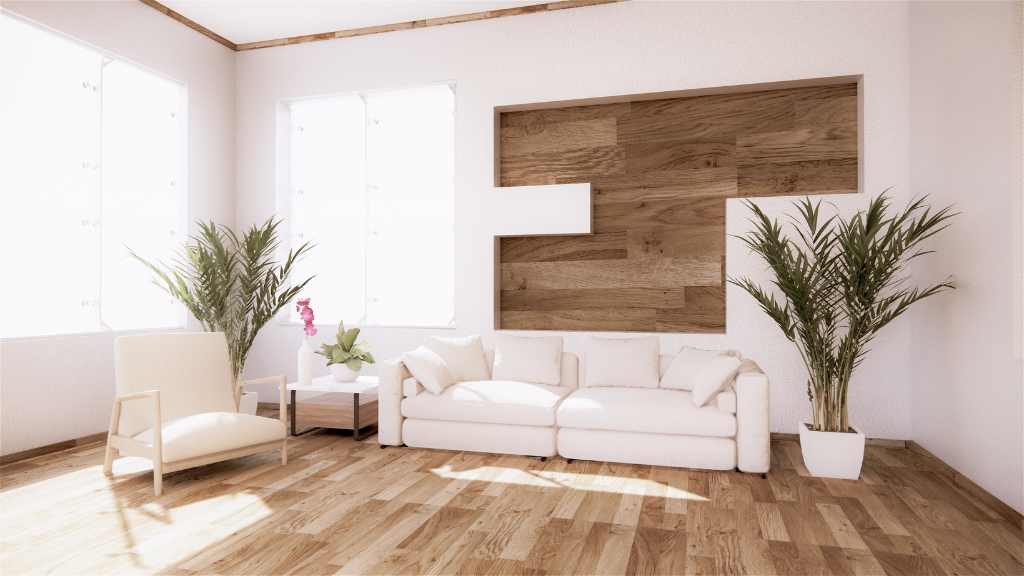 Salon blanc avec du parquet en bois