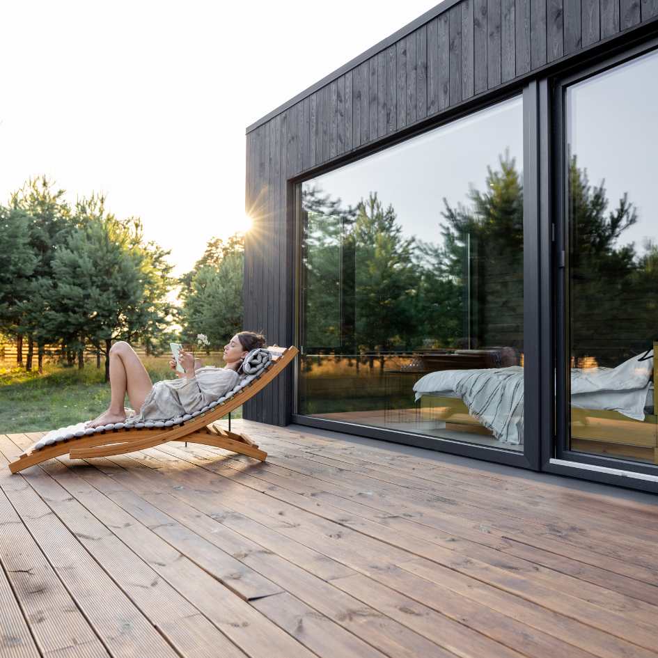 Femme qui se détend sur une terrasse en bois