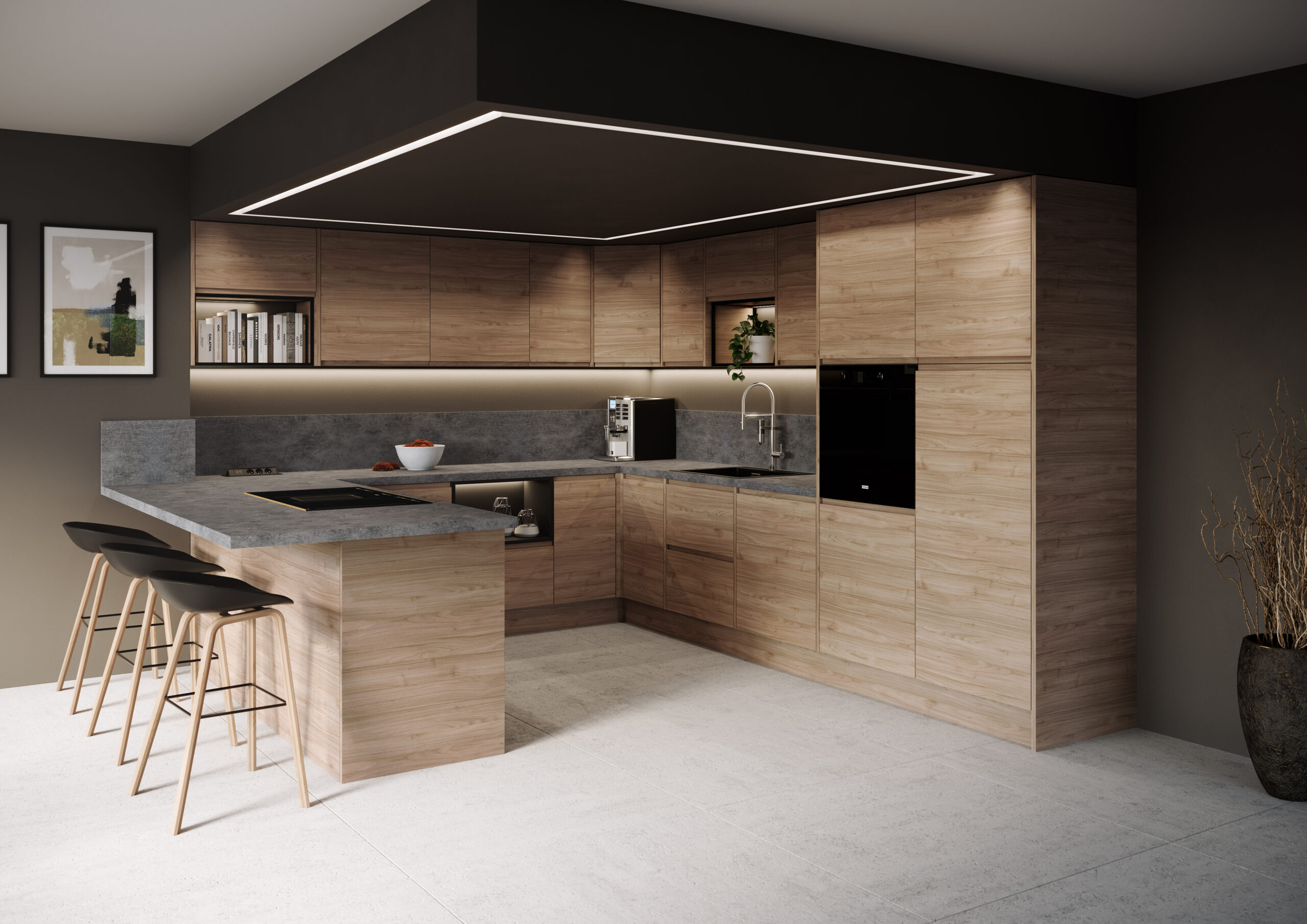 Cuisine beige et grise en bois