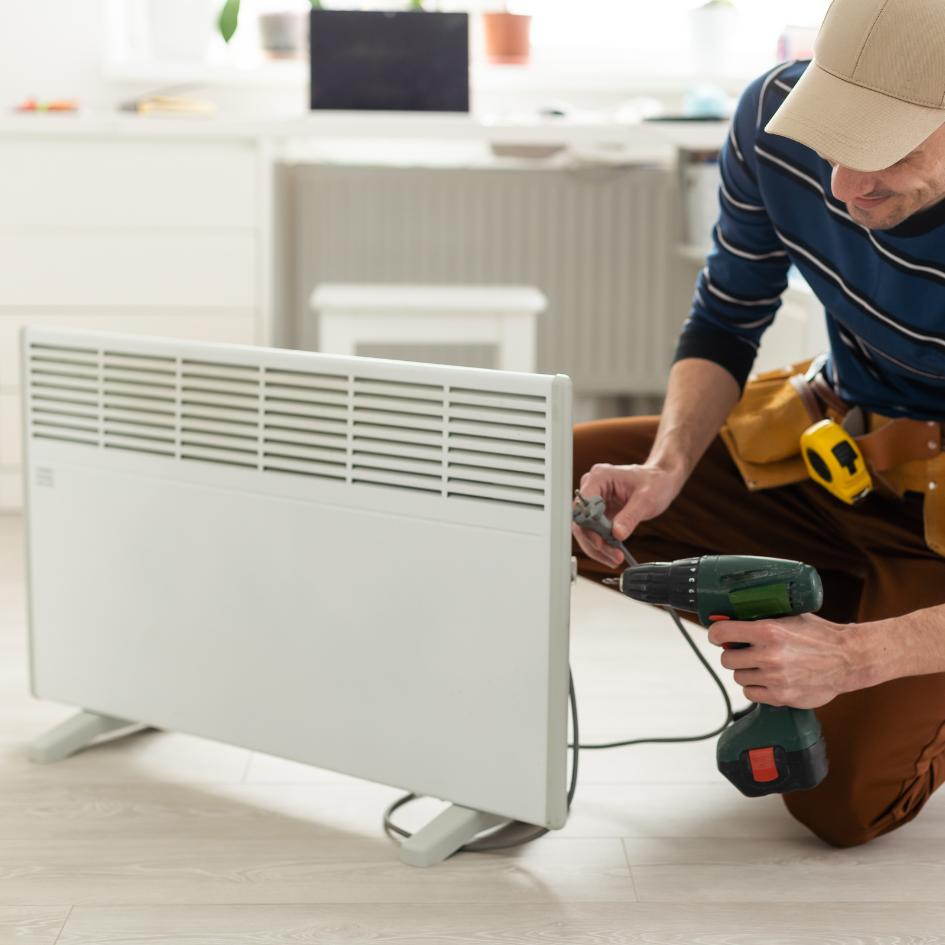 Homme qui branche un radiateur électrique