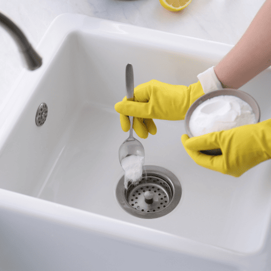 Une personne utilise la méthode de l'acide citrique pour déboucher son évier 