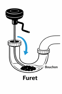 Schéma d'explication d'utilisation d'un furet pour déboucher un évier
