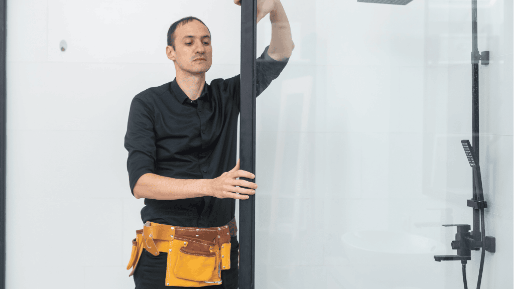 Un artisan qui fixe une paroi de douche