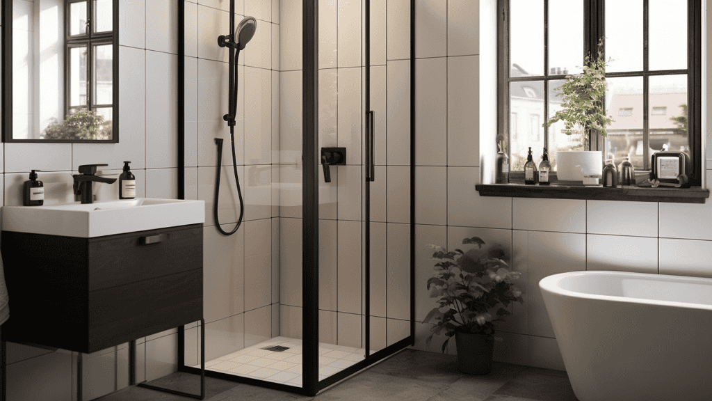 Salle de bain avec un receveur de douche affleurant