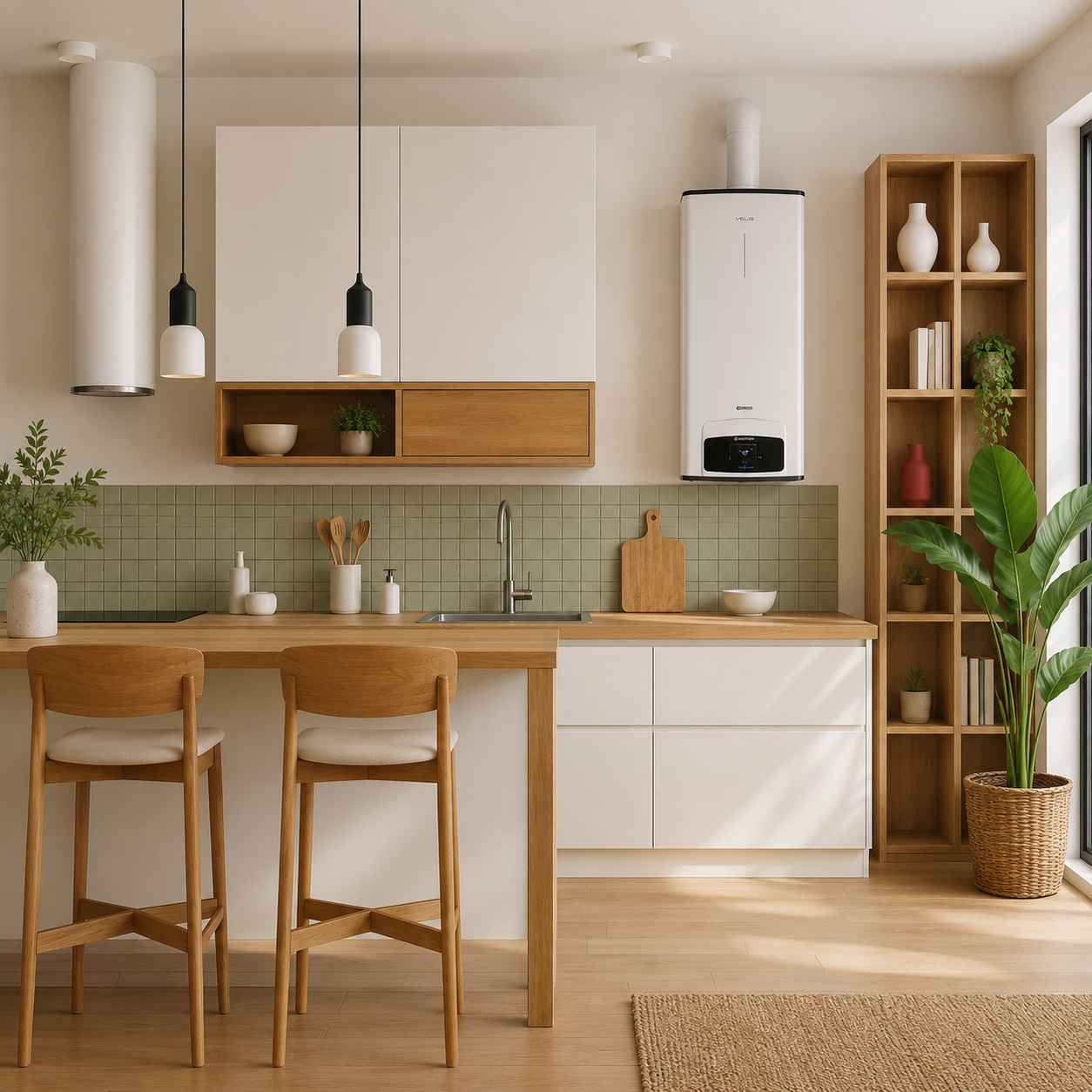 Image d'ambiance dans une cuisine avec l'emplacement d'un chauffe-eau