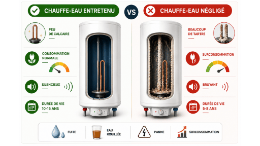 Schéma d'un chauffe-eau bien entretenu et d'un chauffe-eau négligé