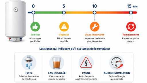 Schéma des indicateurs qui permettent de savoir s'il faut changer son chauffe-eau