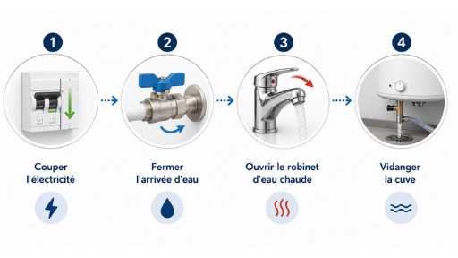 Schéma sur les étapes à suivre pour vidanger son chauffe-eau