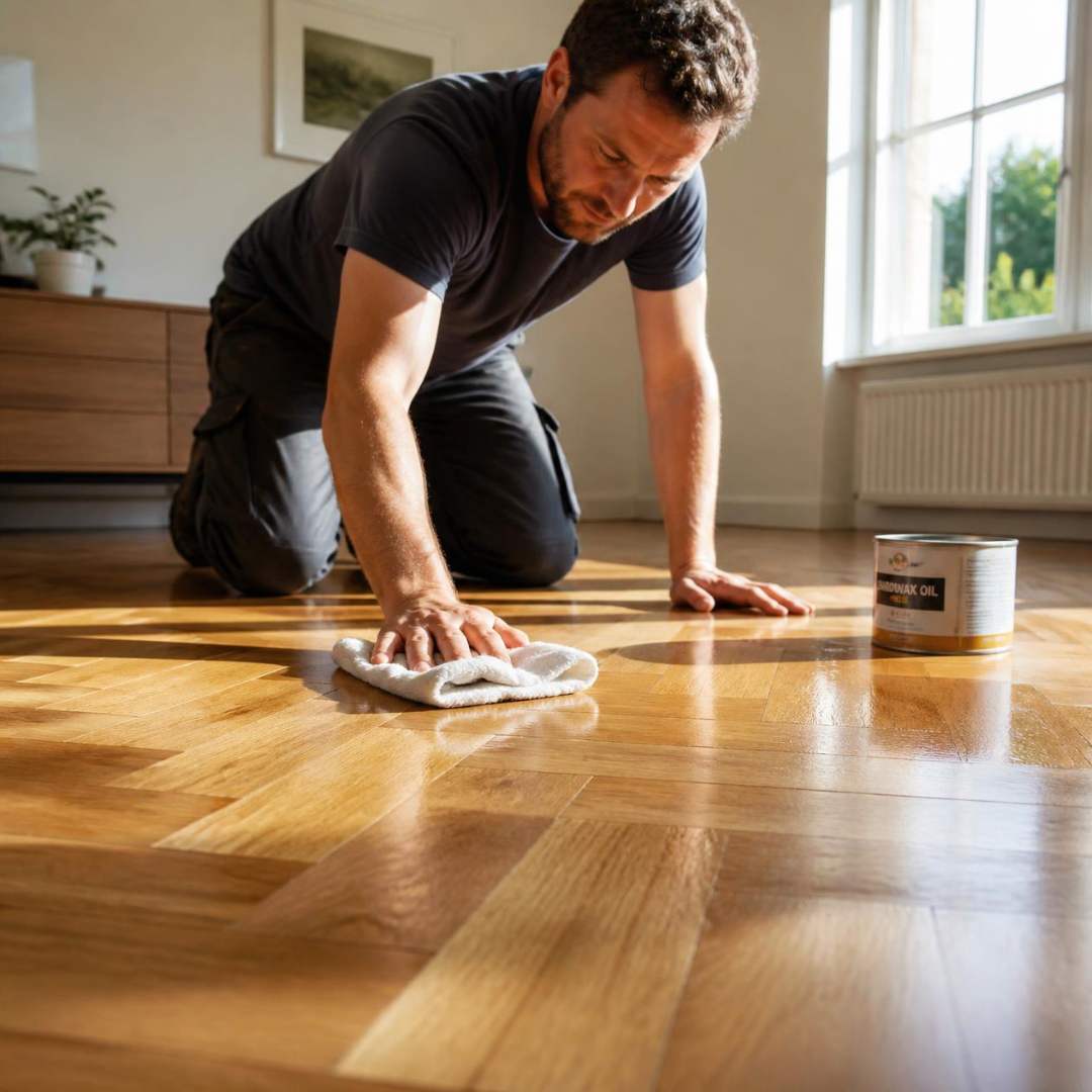 Homme qui huile un parquet avec un chiffon doux