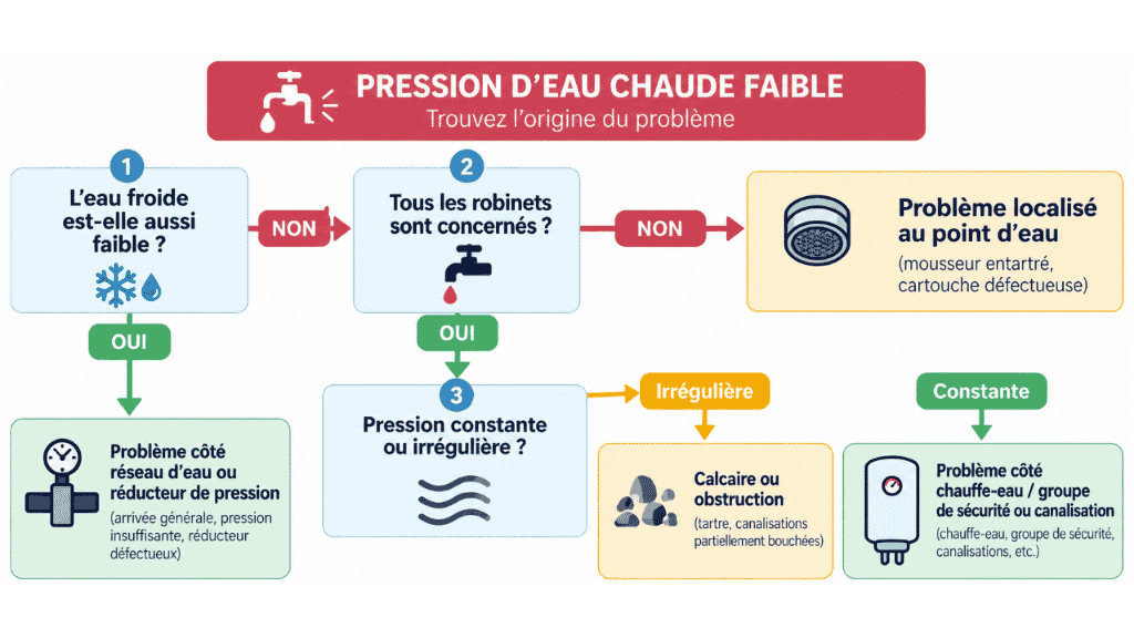 Schéma pour identifier d'où vient le problème de la pression d'eau chaude