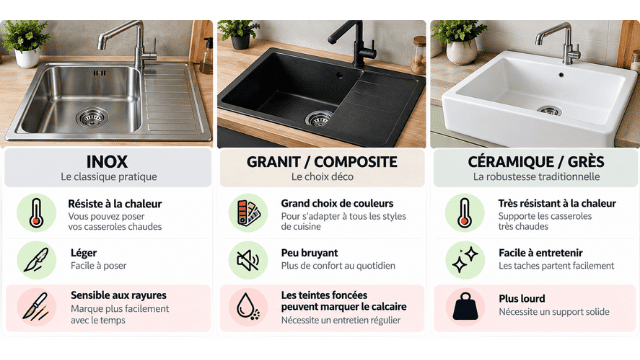Schéma des différences entre l'inox, le granit et le grès