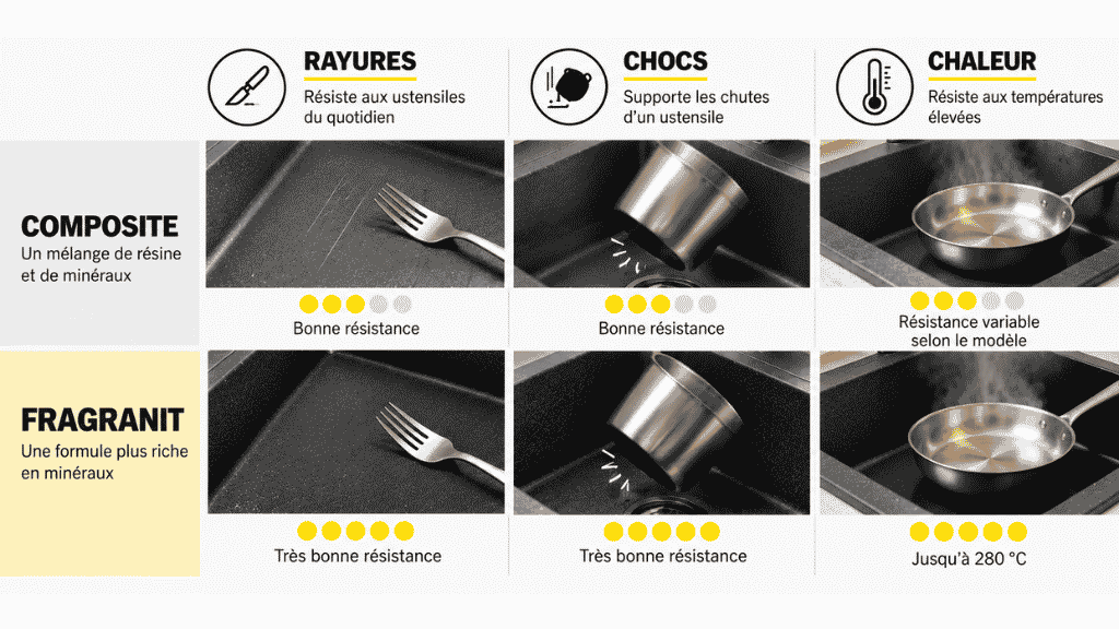 Schéma des chocs, rayures, chaleur sur un évier de cuisine en fragranit ou composite