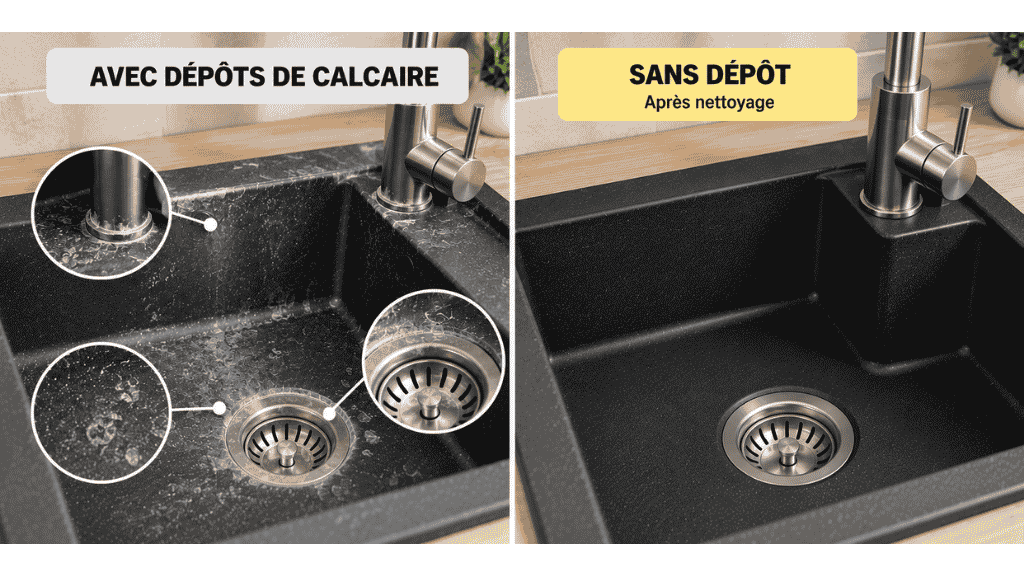 Schéma du dépôt de calcaire sur un évier foncé